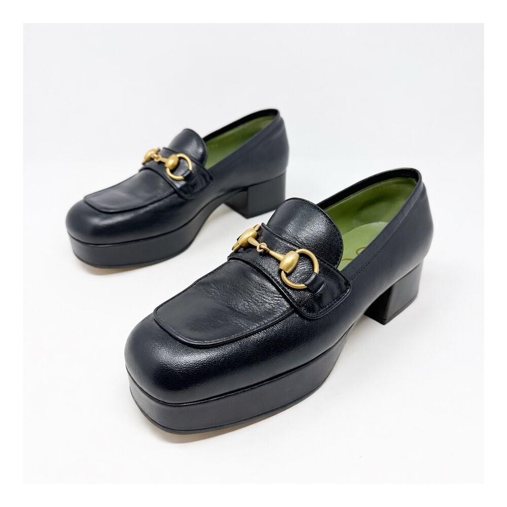 Gucci Houdan Horsebit Platform Loafers Black Leather Womens Size EU 36